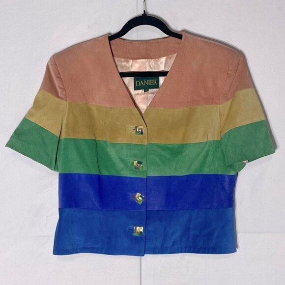 Danier Rainbow Stripe Suede Cropped Button Up Short Sleeve Jacket L - Picture 13 of 13